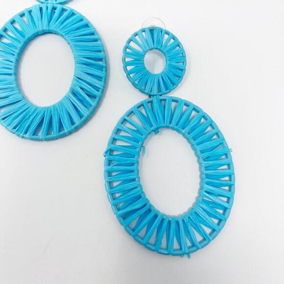 BaubleBar Teal Blue Mini Kiera Raffia Earrings Round Oval Drop Statement Boho - Picture 3 of 6